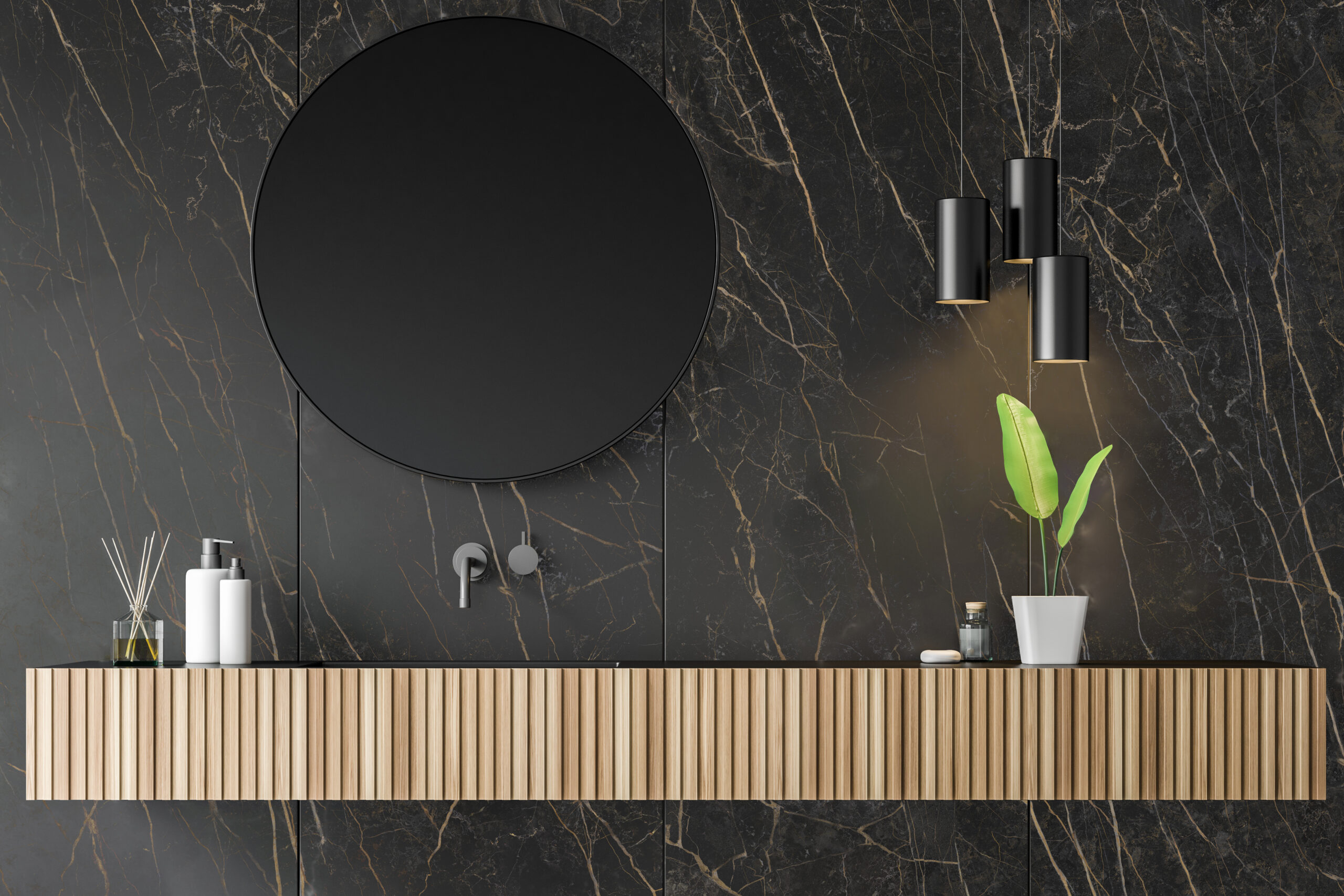 Close,Up,Of,Wooden,Bathroom,Sink,With,Round,Mirror,Above