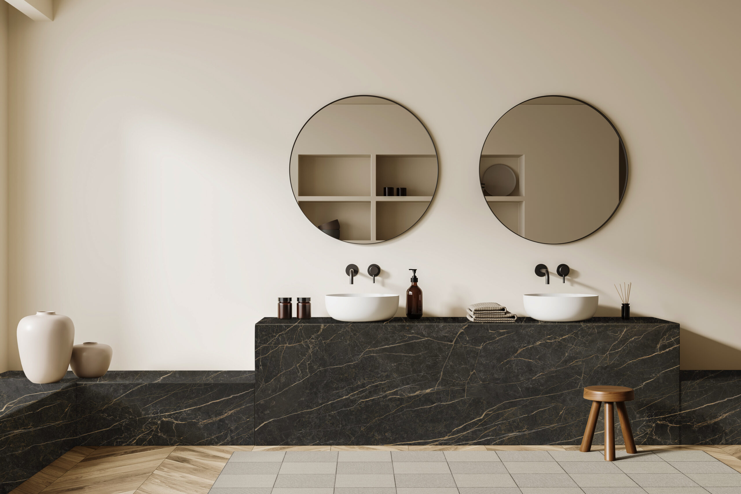 Beige,Bathroom,Interior,With,Double,Sink,And,Round,Mirror,,Stool
